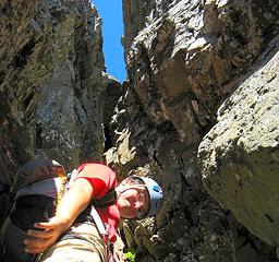 View upward to the chockstone hole