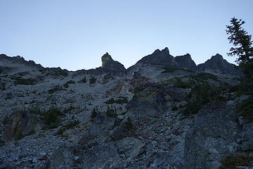 Dark Fin Tower is the tooth-like formation at center left on the ridge. The notch we used to gain the Dark Glacier is just below and left of Dark Fin Tower.