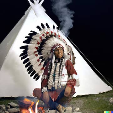 Native American Man sitting cross legged by campfire at night tipi in background