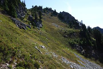 10:06 Meeting up with the switchbacks on the trail up East Alta.  I discovered on the way back that this trail runs all the way to the Rampart Lakes trail, if you can manage to follow it