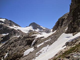 traverse to snow above the waterfall, Neve Peak in the center