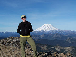 Fran on the summit looking west towards Rainier.