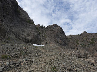 Looking up from Route A, Route B takes you through the tree clump at the top of the rock outcropping, after ascending Class 4 section and a steeper scree slope leading to a rock wall and then bearing right towards these trees