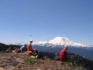 Hiker Jim and friends Kate and Joe with the big snow cone as a lunch vista