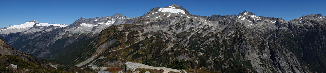1. Sahale in the middle (trail up the arm visible). Eldorado and Forbidden to the left, Buckner to the right