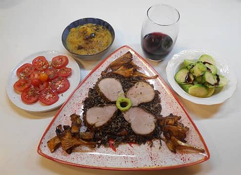 roast pork tenderloin on wild rice with chanterelles, mango-ginger chutney, tomatoes, and brussels sprouts 10/17/22