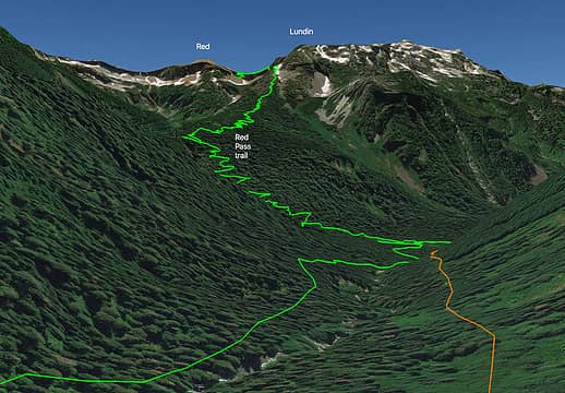 Google Earth view with old Cascade Crest trail (Red Pass variation) shown.