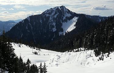 Hiking past the old avalanche debris, with Lookout Mtn above