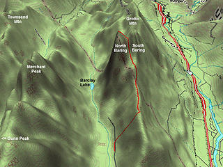 3D Map of Route to Baring Mtn