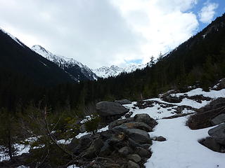 Looking up the Royal Creek drainage. First glimpse of the mountains