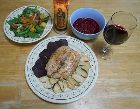 sturgeon steak with roasted beet and parsnip, cranberry-ginger chutney, and salad 10/12/22