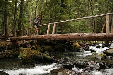 Cole crosses the Grey Wolf River, Olympic National Park, Washington.