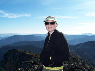 Fran and the view east from yhe summit.