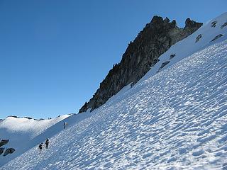 Nearing the base of the summit block under beautiful blue skies