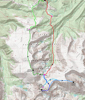 Map of my route. RED: Day 1 BLUE: Day 2 GREEN: Day 3