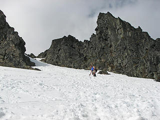 Downclimbing from the summit