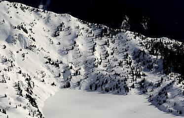 Ski tracks on the far side of Monogram Lake