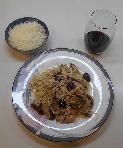 capellini with chicken, sun-dried tomaro, shitake mushrooms, kalamata olives, parmesan 11/09/22