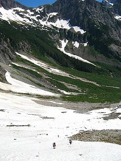 Traversing the basin (our goal is the snowpatch on the far side of the rib of forest)