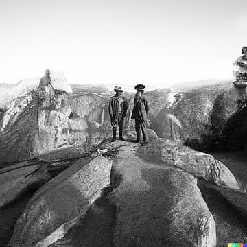 black and white photograph of men standing in front of yosemite valley