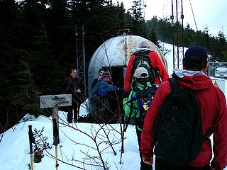 Heading into the hut for a group shot