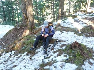 Lisa gettting ready to lose the crampons