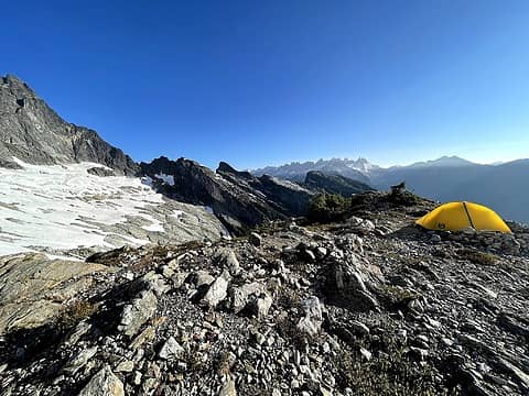 Someone else's enviously good camp on the northside of the Col. Base of NE Ridge on middle left.