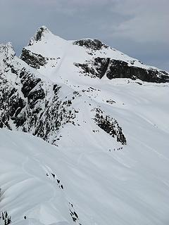 Snowshoe line turning the corner (center of picture)