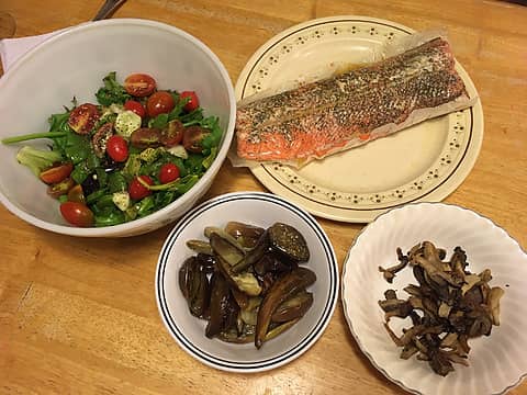 wild coho filet with eggplant, oyster mushrooms, and salad 09/12/21