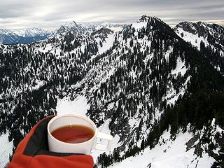 Summit tea looking back down to the Bald-Long col and basin