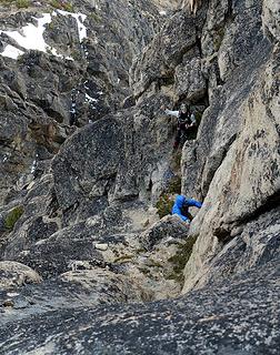 Kevin belaying Fay at the first corner (looking down from the midway ledge)