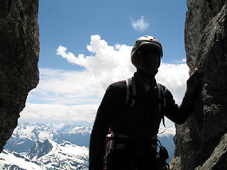 Wayne framed in the chimney, just before the last chimney pitch.