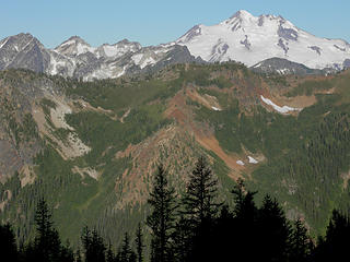 Glacier peak with larch silhouettes in the foreground