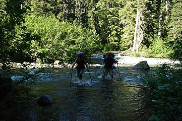 Maria and Jay crossing Lemah Creek on the way to Spectacle Lake