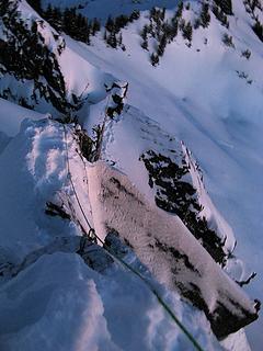 Looking down the belay line