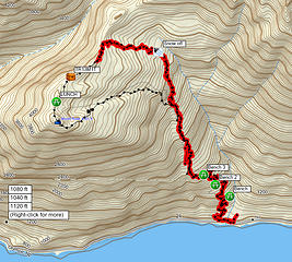 The red track shows how far I got.  The black line is an old track log that shows where the trail goes.  The trail does not go where the map shows it.