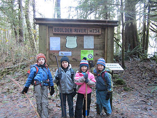 Our gang getting ready to hike Boulder River trail - Gabriel, Zander, Anya and Annika