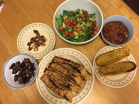 broiled sturgeon filet with mango-ginger-cherry chutney, delicata squash, lions mane and shitake mushrooms, and salad 10/12/21