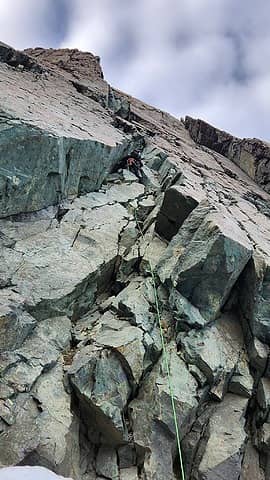 Climbing the smooth 55m pitch