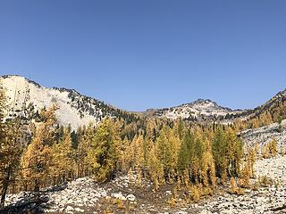 Looking up towards the Tuckaway Lake Basin and on of the peaks we summited earlier