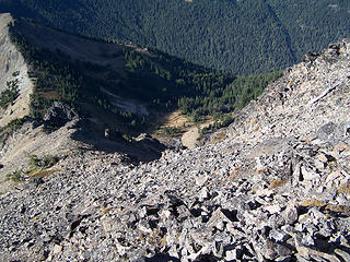 Looking down towards the saddle and our campsite on the way back down.