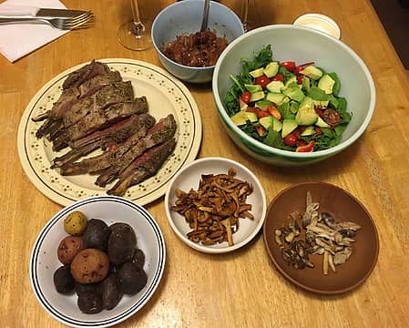 roast rack of lamb with mango-ginger-cherry chutney, roasted potato, wild mushroom medley, and salad 10/15/21