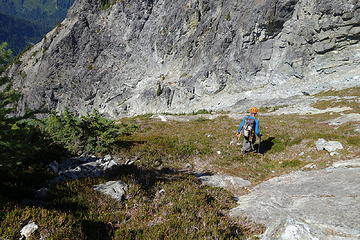 Descending heather skiers left of the gully