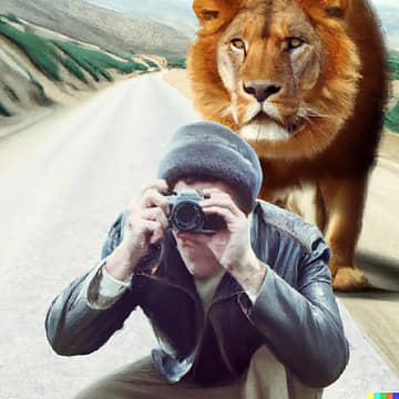 man being stalked by lion while taking photo
