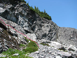 Shortly past the tricky junction you will hit this cliff. I went right first, and it goes nowhere good. Go up the ledges on the left. Not sure the pink line is in the correct spot on this one.