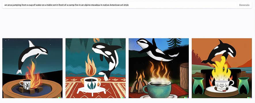 an orca jumping from a cup of water on a table set in front of a camp fire in an alpine meadow in native American art style