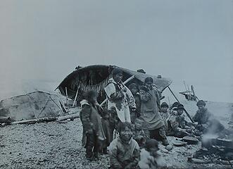 'Eskimos on beach with Oomiak' Port Clarence Alaska 1891 (photo Miner Bruce)