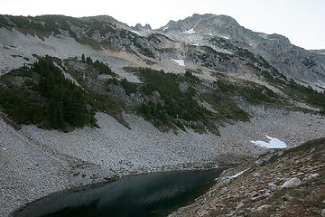 Traversing past Lake 5650, but there were hidden gullies behind the trees at far right.