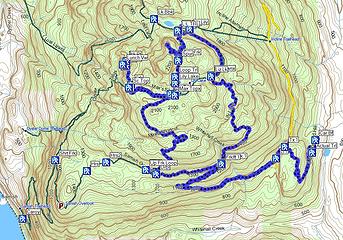 12.8 miles 
2587 feet climbing 
2275 feet max elevation 
713 feet parking elevation 
7.5 hours including lunch and naps. 
Oyster Dome via Blanchard, 3/29/13, Bellingham WA