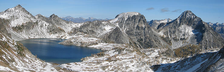 Upper Ice Lake and Spectacle Buttes from the pass